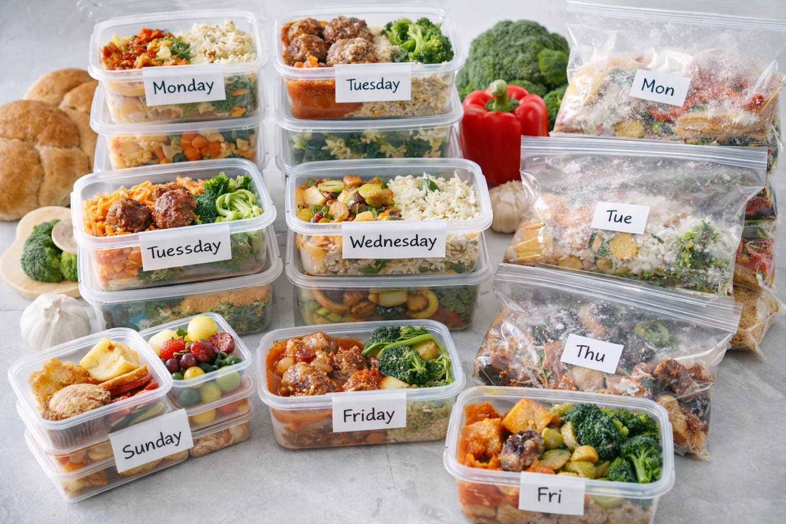 Thực phẩm được chia khẩu phần và trữ đông theo tuần trong tủ đông