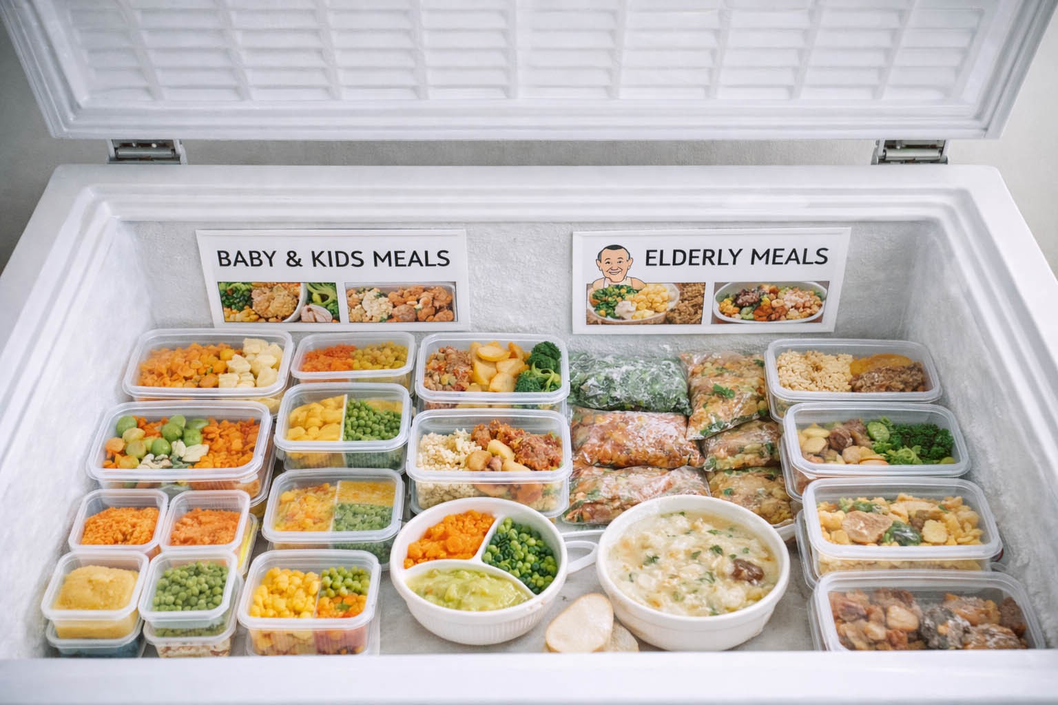 Gia đình trữ thực phẩm nấu sẵn cho trẻ nhỏ trong tủ đông