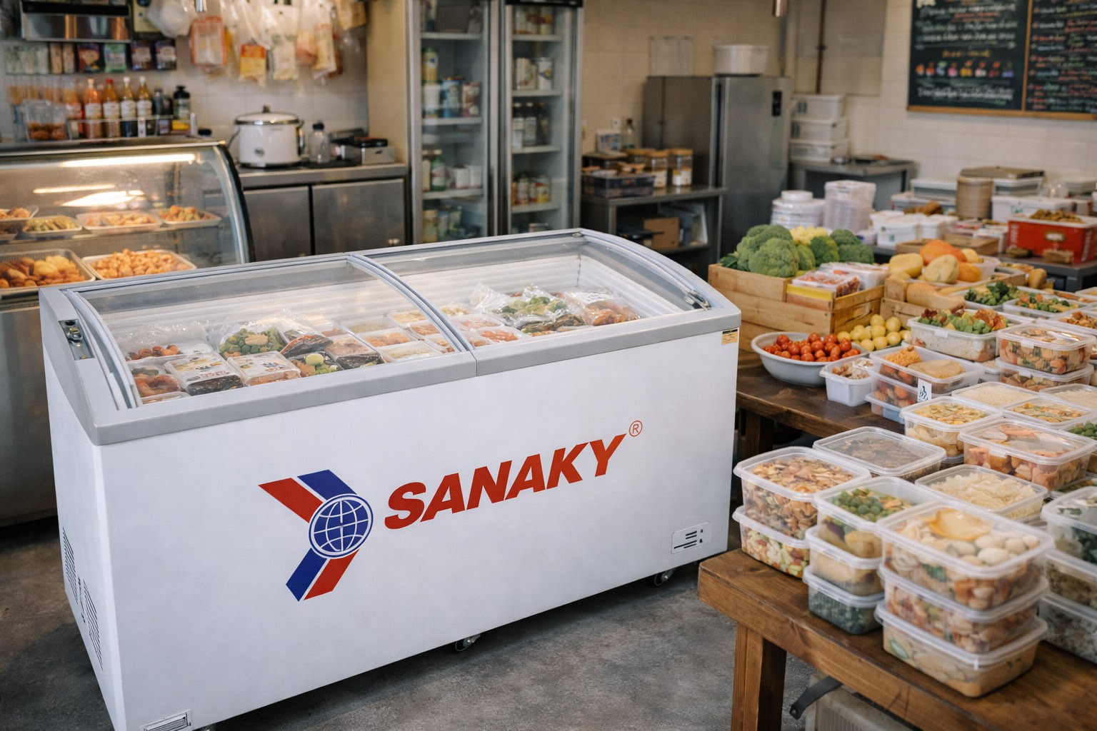 Tủ đông Sanaky sử dụng trong cửa hàng thực phẩm và quán ăn nhỏ